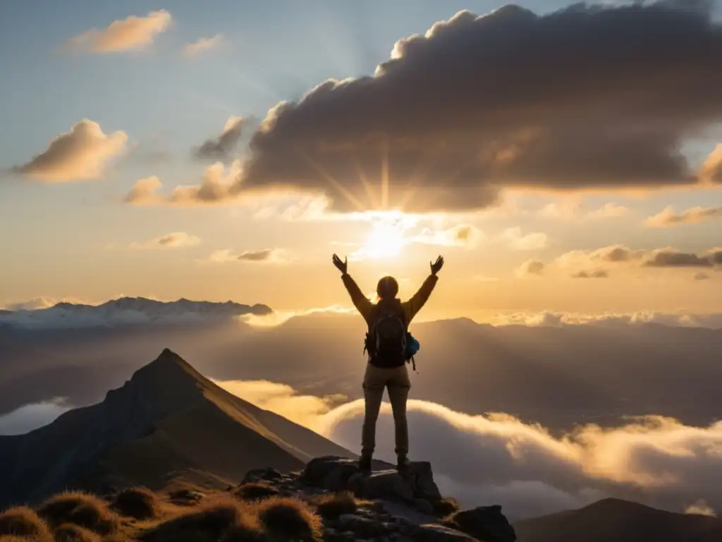 Triunfo en la cima: silueta empoderada al amanecer Silueta de persona en la cumbre de una montaña, con el sol naciendo entre nubes, irradiando luz dorada sobre el paisaje