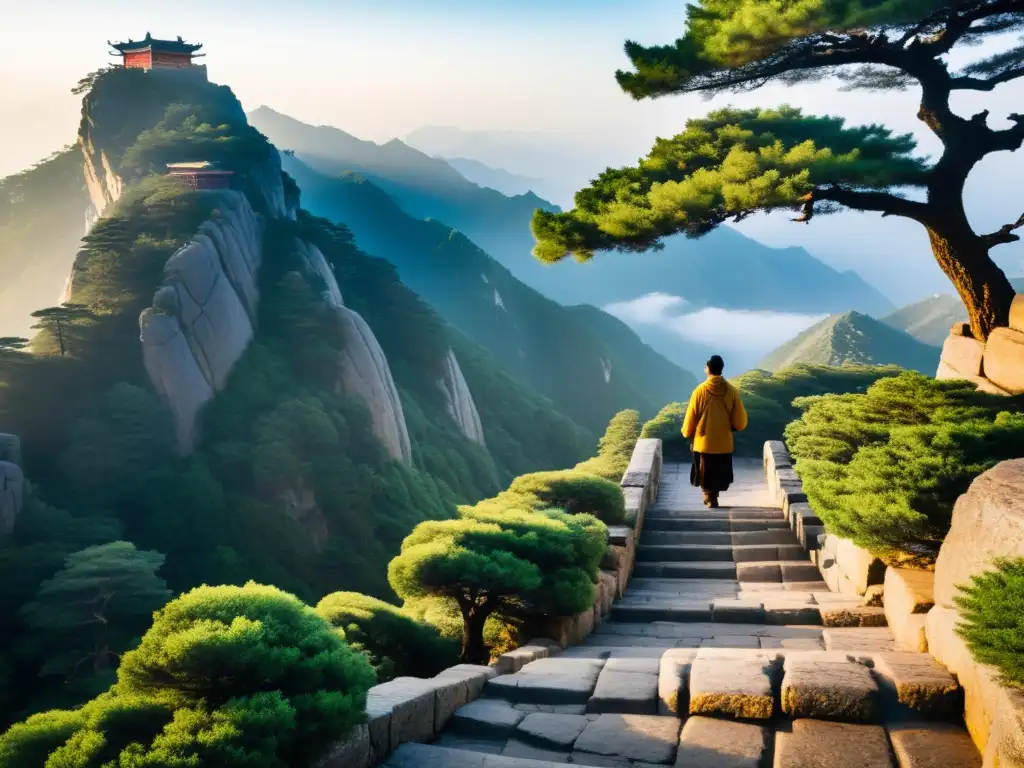 Silueta en Ruta filosófica Confucio China, reflexionando en la neblina dorada de Monte Tai