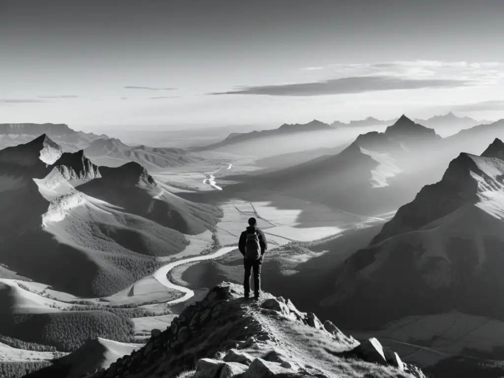 Silueta solitaria en la cima de una montaña, contemplando la vastedad del paisaje