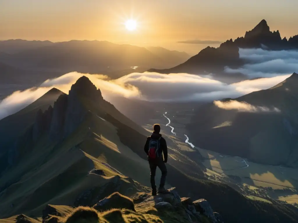 Alma en la cima: contemplación al amanecer en las montañas Silueta solitaria en la cima de la montaña contemplando el amanecer, transmitiendo la influencia de Nietzsche en empoderamiento personal