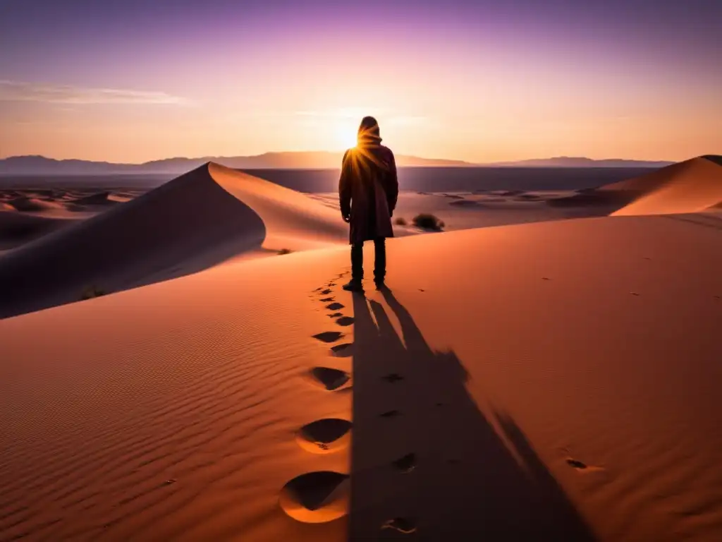 Silueta solitaria en el desierto al atardecer Silueta solitaria en el desierto al atardecer, evocando la respuesta existencialista al vacío existencial
