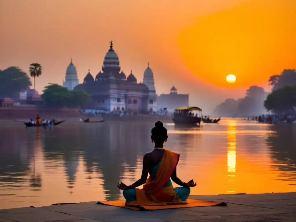 Silueta solitaria practicando yoga en la orilla del Ganges al amanecer, reflejando sincretismo en filosofía moral y diversidad cultural en India