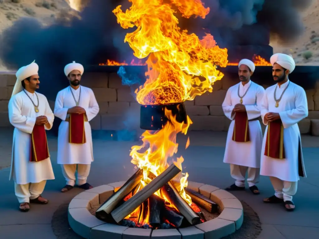 Simbolismo del fuego en Zoroastrismo: Ritual de adoradores alrededor de una fogata, con el cálido resplandor iluminando sus rostros
