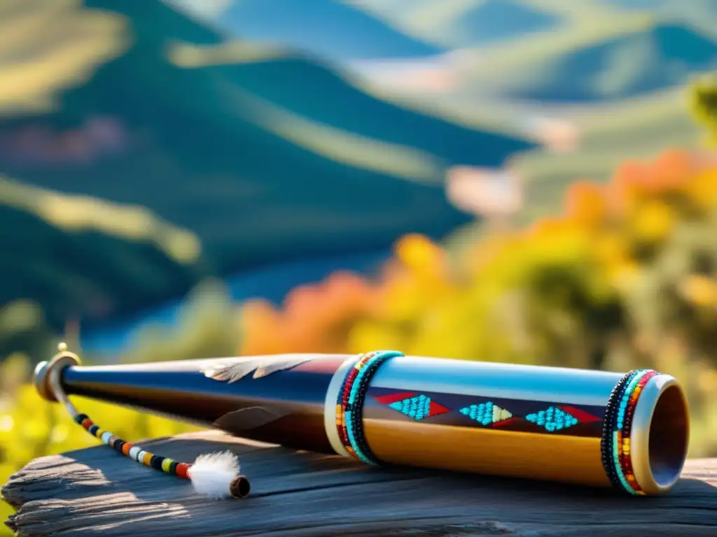 Un símbolo de paz y diplomacia: una pipa tradicional nativa americana bellamente decorada con cuentas y plumas, en un paisaje sereno