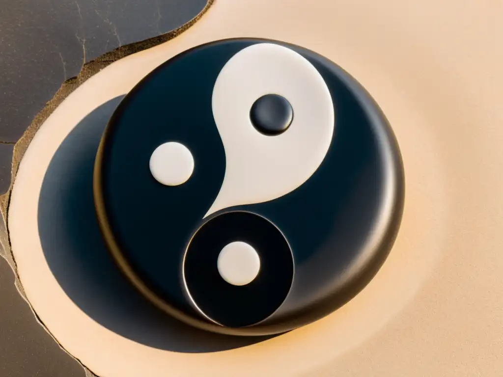 Un símbolo yin y yang tallado en piedra, con luz suave resaltando equilibrio y contraste en Taoísmo