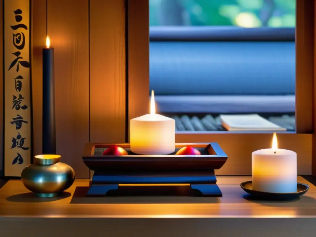Símbolos de protección en Shinto: altar japonés iluminado por velas, con amuletos y talismanes sagrados meticulosamente dispuestos