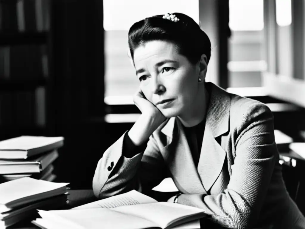 Simone de Beauvoir reflexiona en su escritorio, rodeada de libros