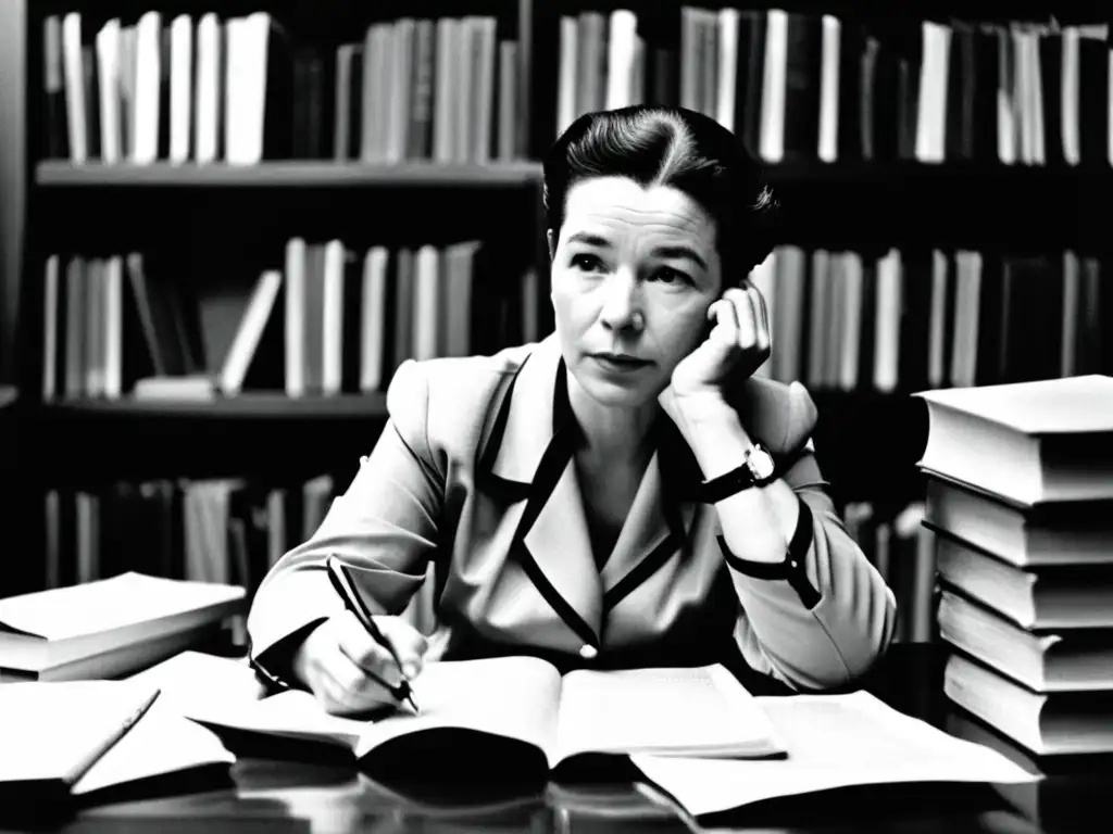 Simone de Beauvoir, pensadora, rodeada de libros, con mirada intensa y determinación, evocando la esencia de sus publicaciones filosóficas esenciales