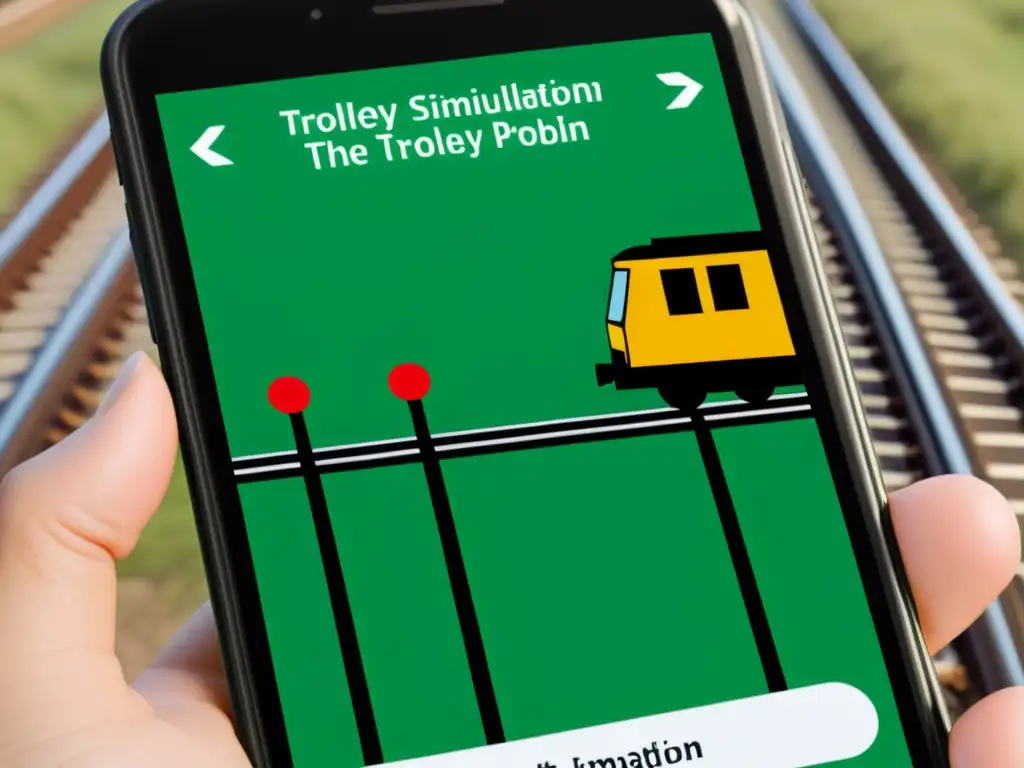 Simulación experimentos filosóficos práctica: Imagen documental de una pantalla de smartphone con dilema ético del Problema del Trolley