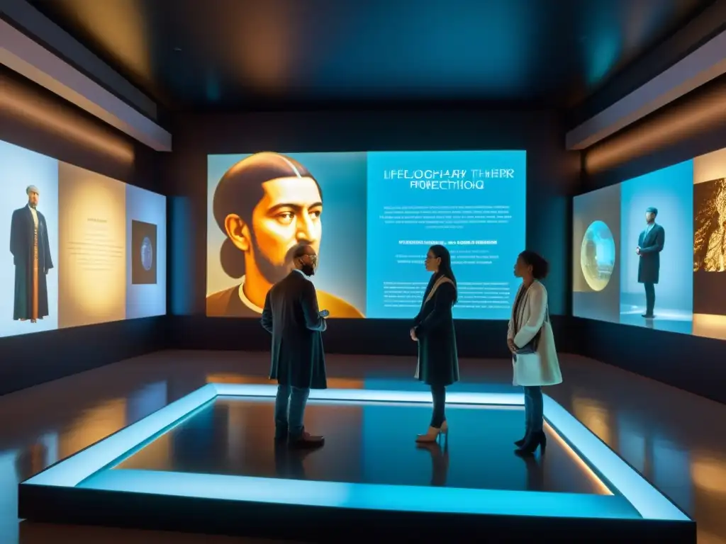 Exposición de simuladores de diálogos con pensadores clásicos interactivos en museo contemporáneo