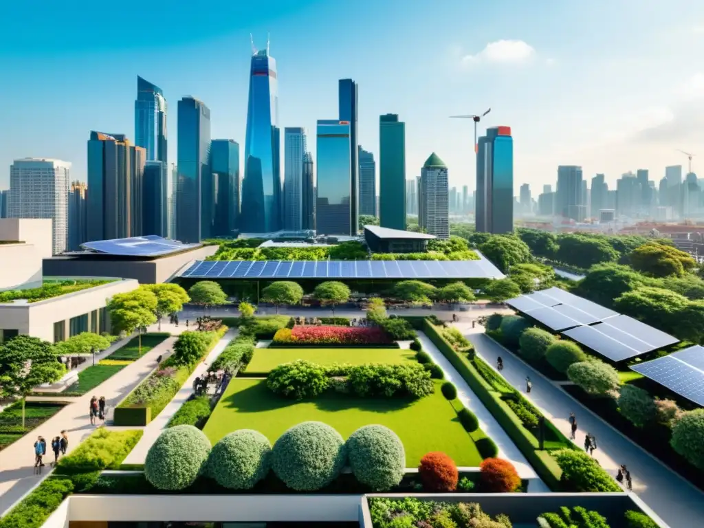 Un skyline urbano moderno con parques verdes y paneles solares, representando la sostenibilidad en la diversificación de carteras