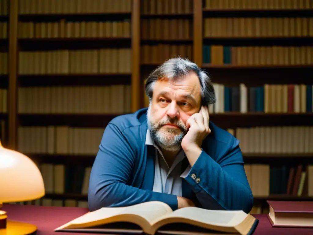 Slavoj Zizek reflexiona en su estudio, rodeado de libros, en una atmósfera intelectual y atemporal