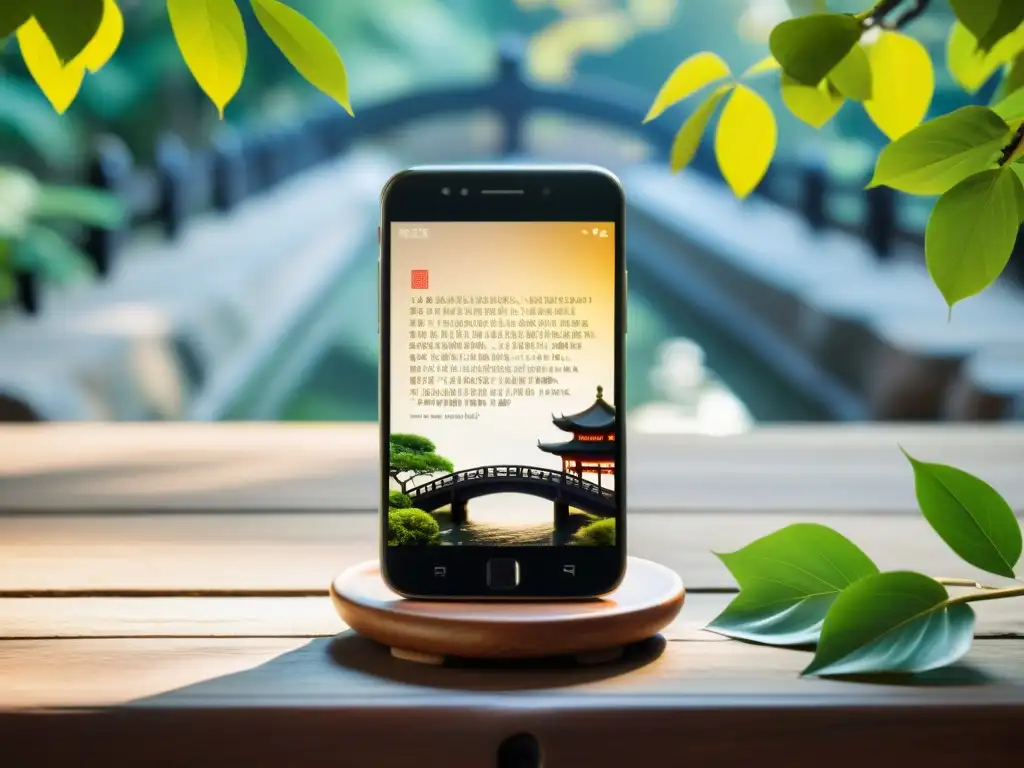 El smartphone muestra una cita de Confucio en un escenario de jardín chino, fusionando tecnología y sabiduría ancestral