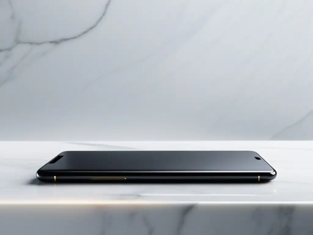 Un smartphone moderno en mármol blanco, equilibrio entre tecnología y minimalismo con un fondo de 'secretos antiguos placer cosas simples'