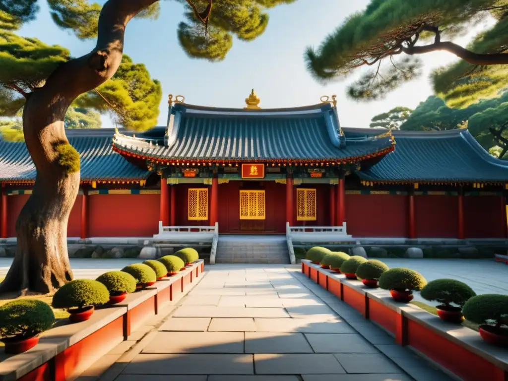 Sociedad ideal en el confucianismo: Imagen de un tranquilo templo con arquitectura de madera, jardines cuidados y visitantes en oración
