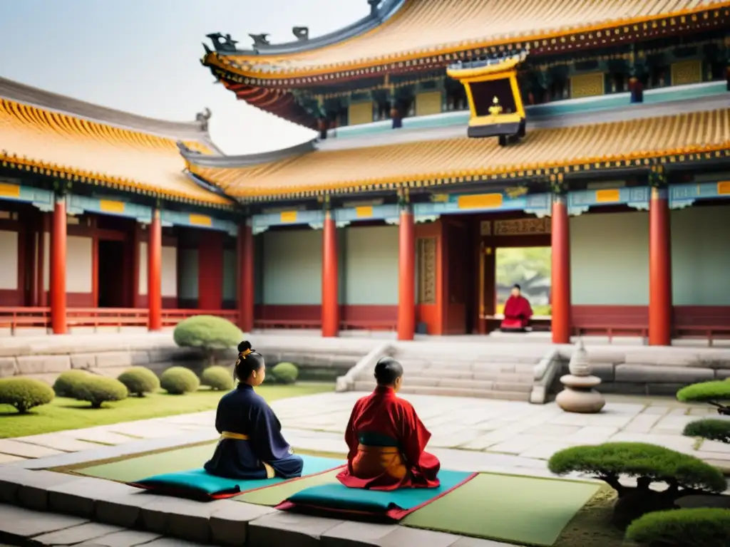 Sociedad ideal en el confucianismo: Templo confuciano histórico con actividades tradicionales, estudiosos y ambiente sereno