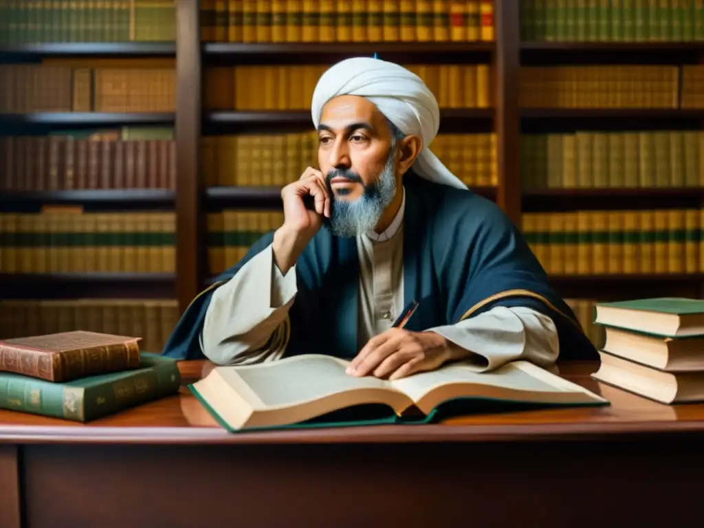 Ibn Khaldun reflexiona sobre filosofía, historia y sociedad rodeado de libros y pergaminos, creando una atmósfera intelectualmente profunda