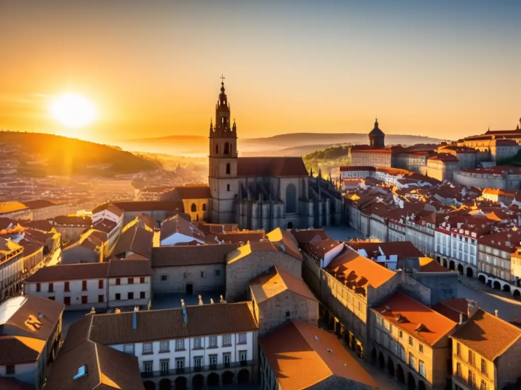 El sol ilumina la antigua ciudad de Santiago de Compostela, con la Catedral y peregrinos