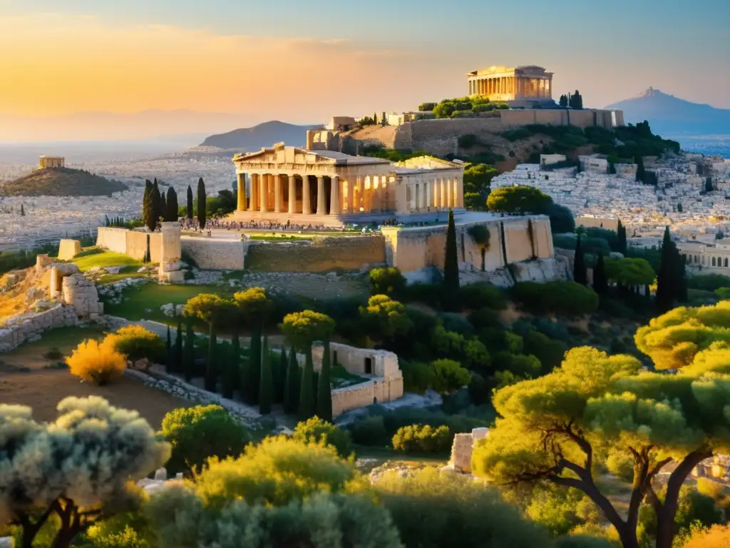 El sol se pone detrás de la Acropolis de Atenas, iluminando el Partenón con tonos dorados