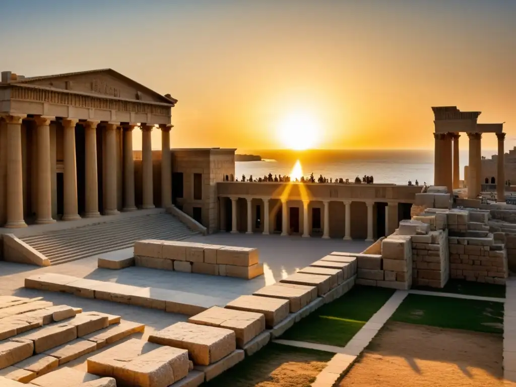 El sol pone en ruinas de la Biblioteca de Alejandría, simbolizando la sabiduría antigua y la Filosofía helenística en el Mediterráneo africano