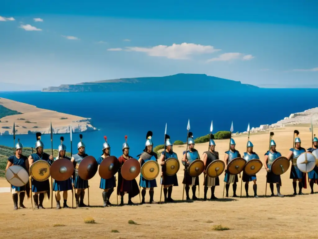 Soldados griegos en formación en un campo de batalla con colinas y cielos azules, evocando los juegos de estrategia filosofía griega