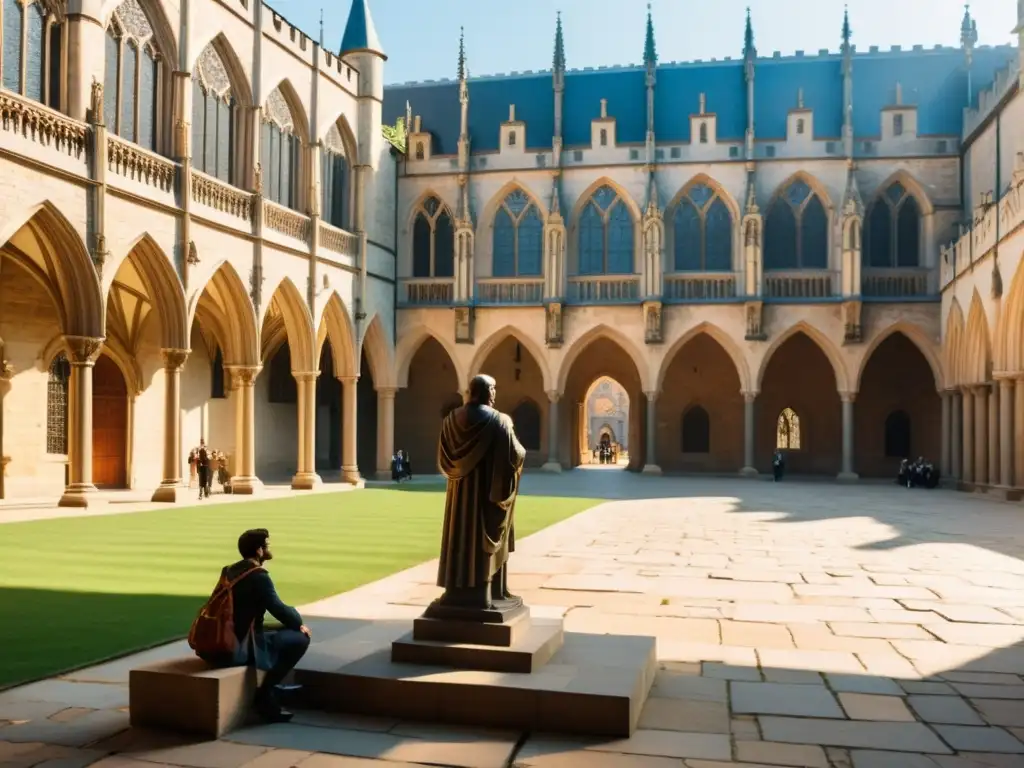 En la soleada plaza de piedra, una estatua de filósofo medieval observa a estudiantes en animada discusión