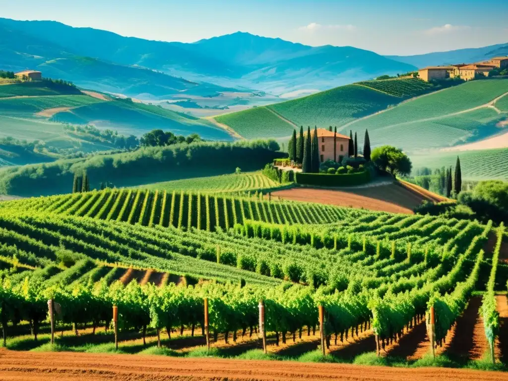 “Soleada viña en colinas de Toscana, Italia, con viñedos y villa rústica