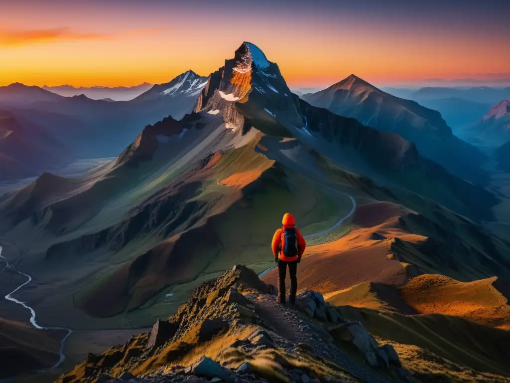 Un solitario alpinista contempla el paisaje al atardecer en la cima de una montaña, evocando el desarrollo personal con concepto superhombre