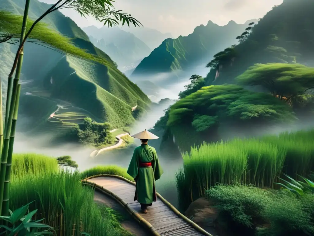 Un solitario filósofo chino contempla la serena belleza de los antiguos bosques de bambú en los senderos de la Filosofía China