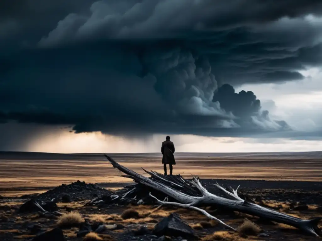 Un solitario figura contempla un paisaje desolado, rodeado de nubes oscuras y con un aire de desesperanza