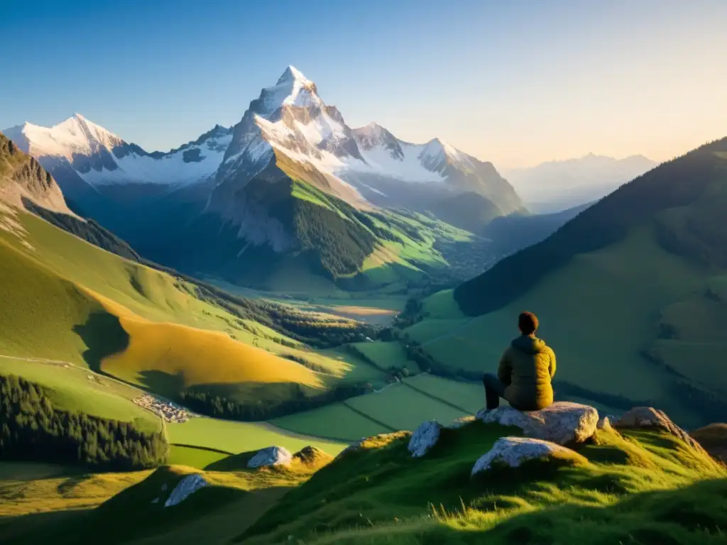 Un soñador contempla las alturas nevadas de los Alpes Suizos al atardecer, rodeado de naturaleza serena