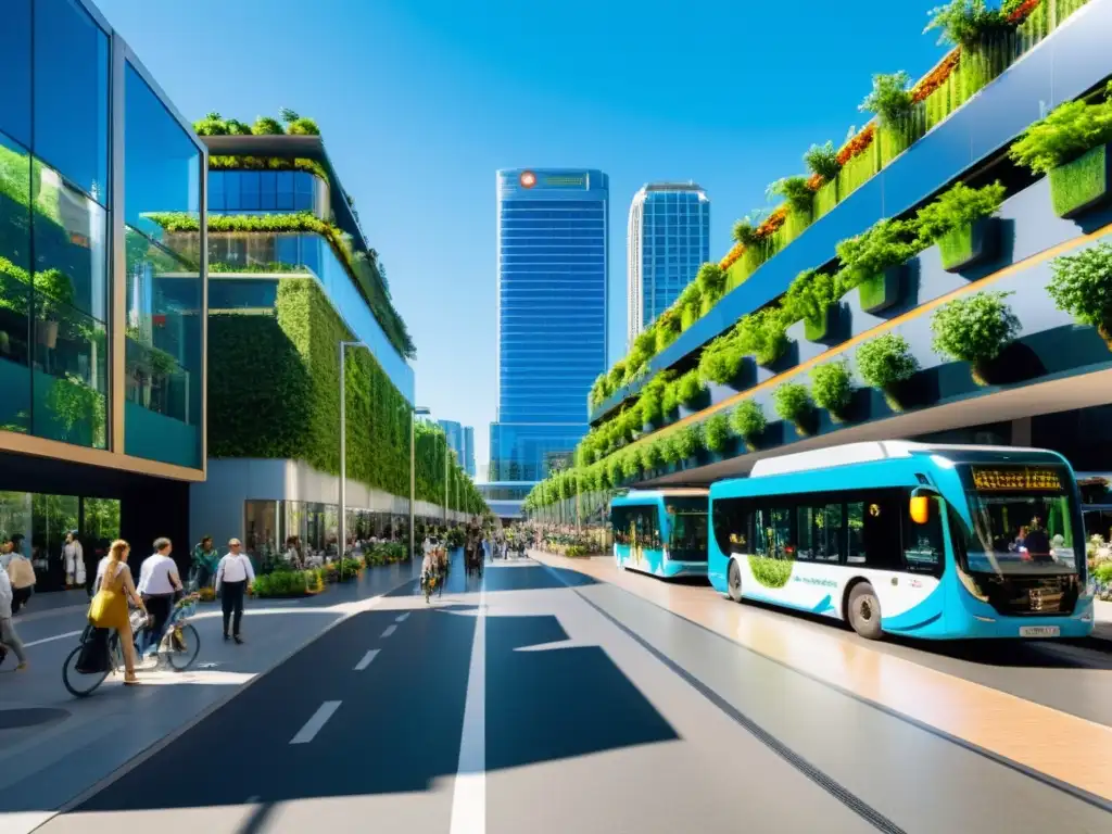 Sostenibilidad en las ciudades: una calle bulliciosa llena de vida con rascacielos sostenibles y áreas verdes, donde la filosofía verde cobra vida