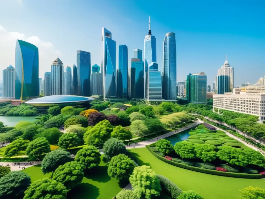 Sostenibilidad en la diversificación de carteras: Vista panorámica de un distrito financiero urbano con rascacielos de cristal y parques verdes