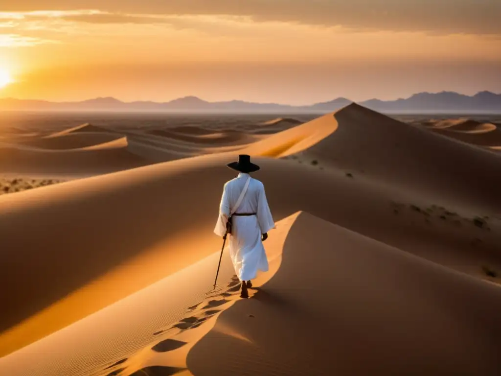 Un Sufi en traje tradicional camina en el desierto dorado al atardecer, evocando el viaje del héroe espiritual sufí