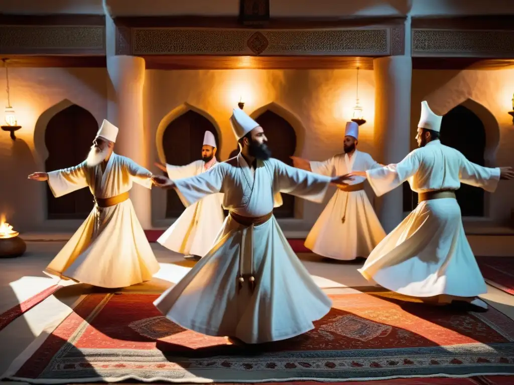 Sufíes giran en trance espiritual, iluminados por velas, sobre una alfombra antigua