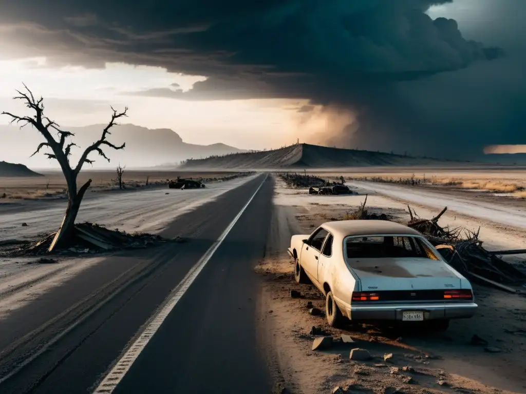 Desolación y ética de la supervivencia en The Road: paisaje postapocalíptico con árboles marchitos y carretera abandonada