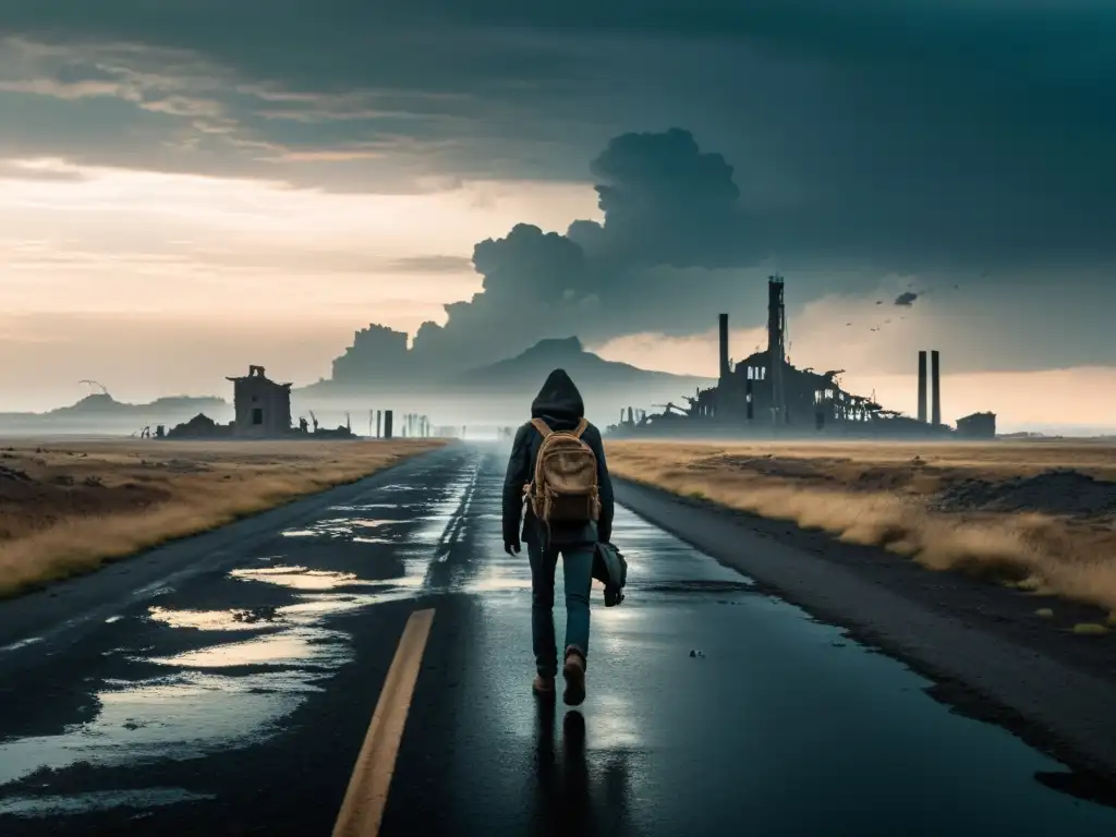 Un superviviente solitario atraviesa un paisaje postapocalíptico, reflejando la ética de la supervivencia en The Road