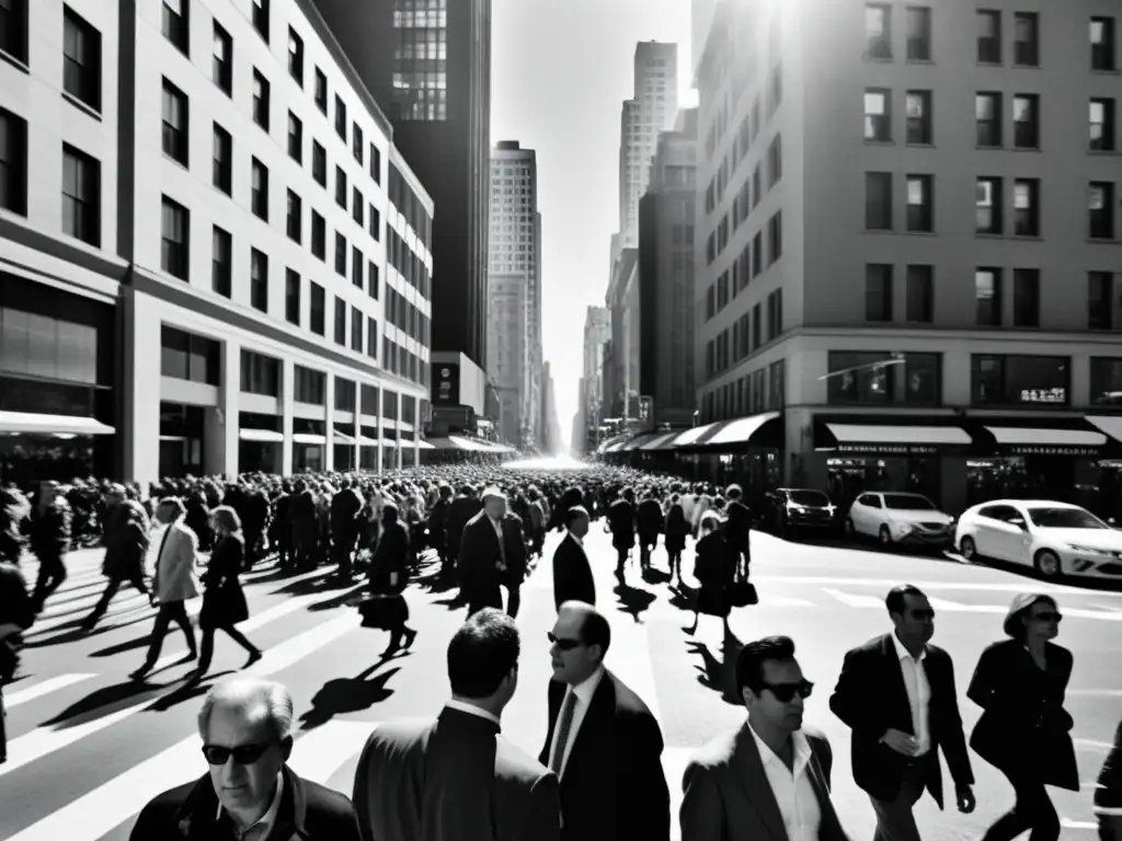 Surrealismo en la política postmoderna: Fotografía en blanco y negro de una concurrida calle urbana con sombras alargadas, reflejando la naturaleza surreal del poder político en la ciudad moderna