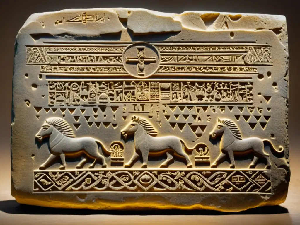 Tableta de piedra antigua con símbolos zoroastrianos iluminada por la luz dorada del atardecer