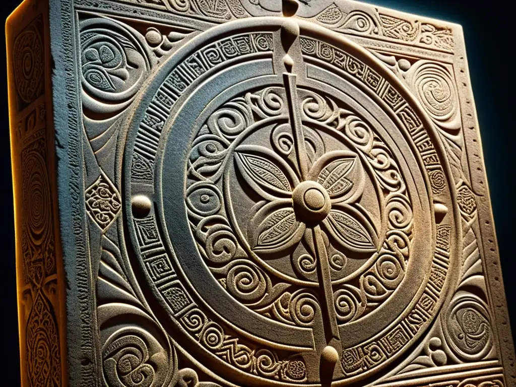 Tableta de piedra antigua con símbolos misteriosos, iluminada por tenues rayos de luz