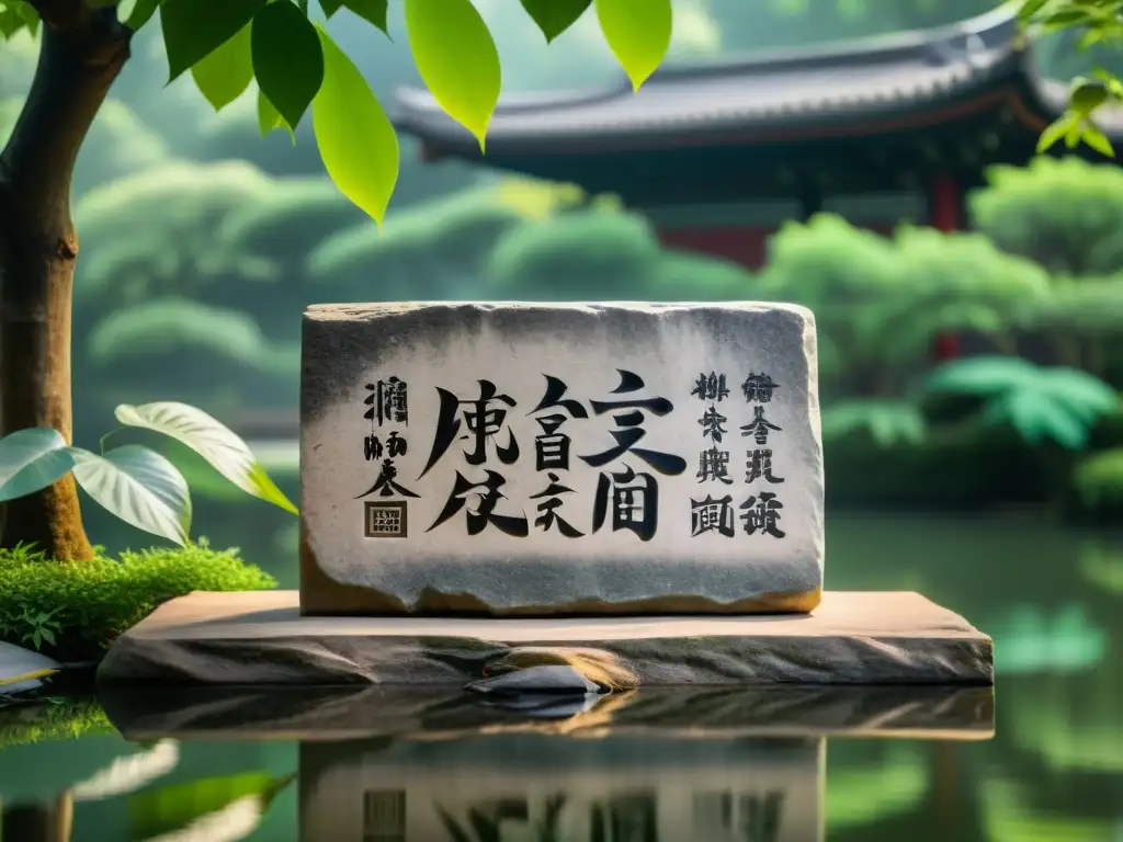 Tableta de piedra con caligrafía china, rodeada de vegetación exuberante y un estanque tranquilo