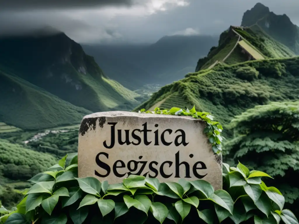 Una tableta de piedra con la inscripción 'Justicia según Nietzsche' en caligrafía, rodeada de hiedra, bajo un cielo tormentoso y montañas