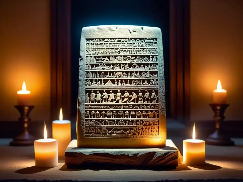 Tableta de piedra con carvings de filósofos y símbolos antiguos, iluminada por velas