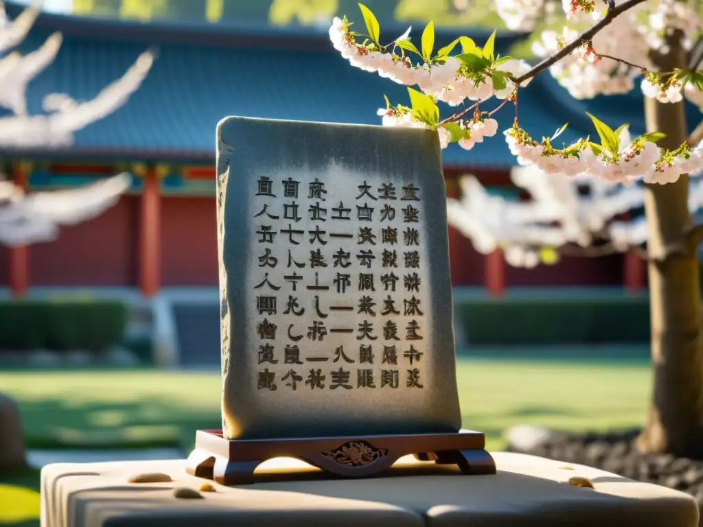 Tableta de piedra tallada con enseñanzas confucianas en jardín oriental, influencia valores confucianos arte oriental