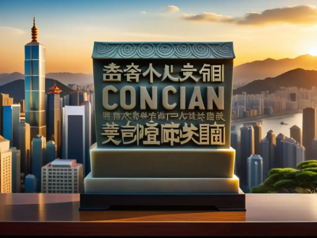Tableta de piedra tallada con enseñanzas confucianas en mercado asiático moderno, simbolizando el impacto del Confucianismo en la economía de Asia