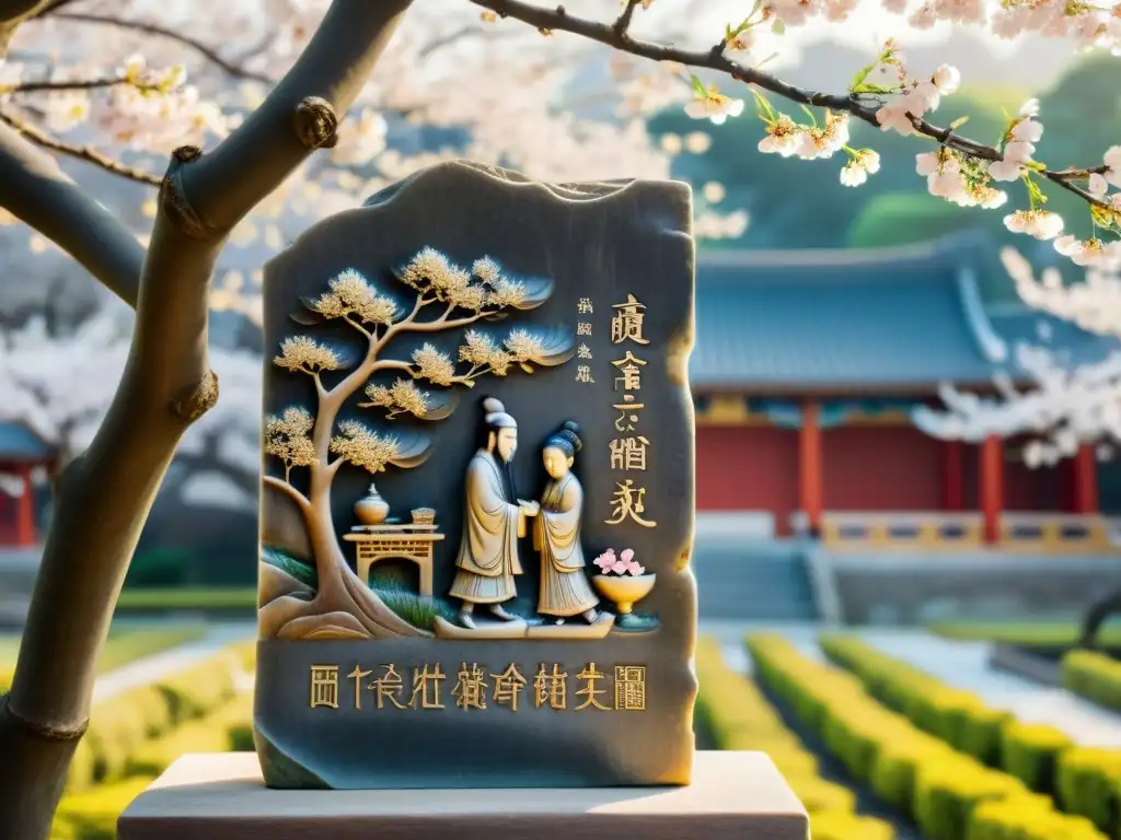 Tableta de piedra tallada con escenas de Confucio enseñando en un jardín sereno, rodeado de cerezos en flor y antiguas pagodas, con los Textos clásicos del confucianismo grabados con elegante caligrafía