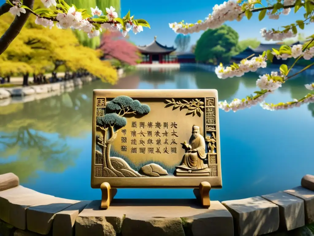 Tableta de piedra con tallados de Confucio enseñando a sus discípulos en un jardín tranquilo, rodeado de cerezos en flor y un estanque sereno que refleja el cielo azul