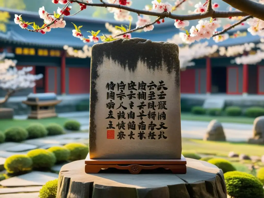 Tableta de piedra con textos clásicos del confucianismo, rodeada de naturaleza serena y ofrendas reverentes
