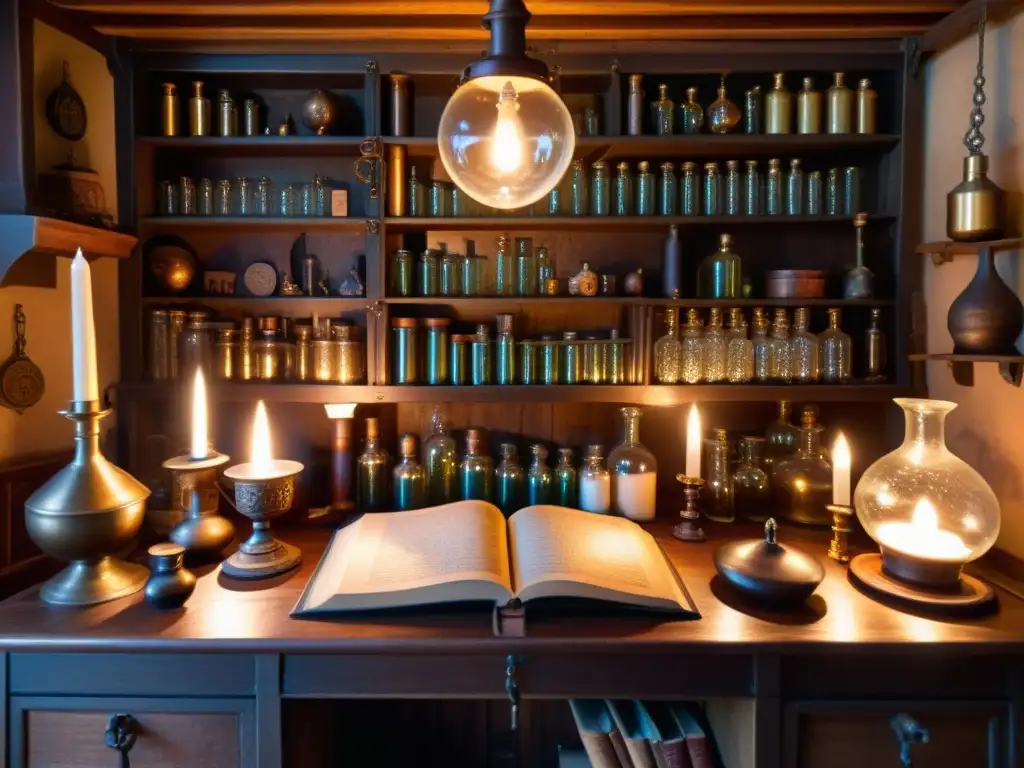 Un taller alquímico antiguo lleno de instrumentos, libros y frascos