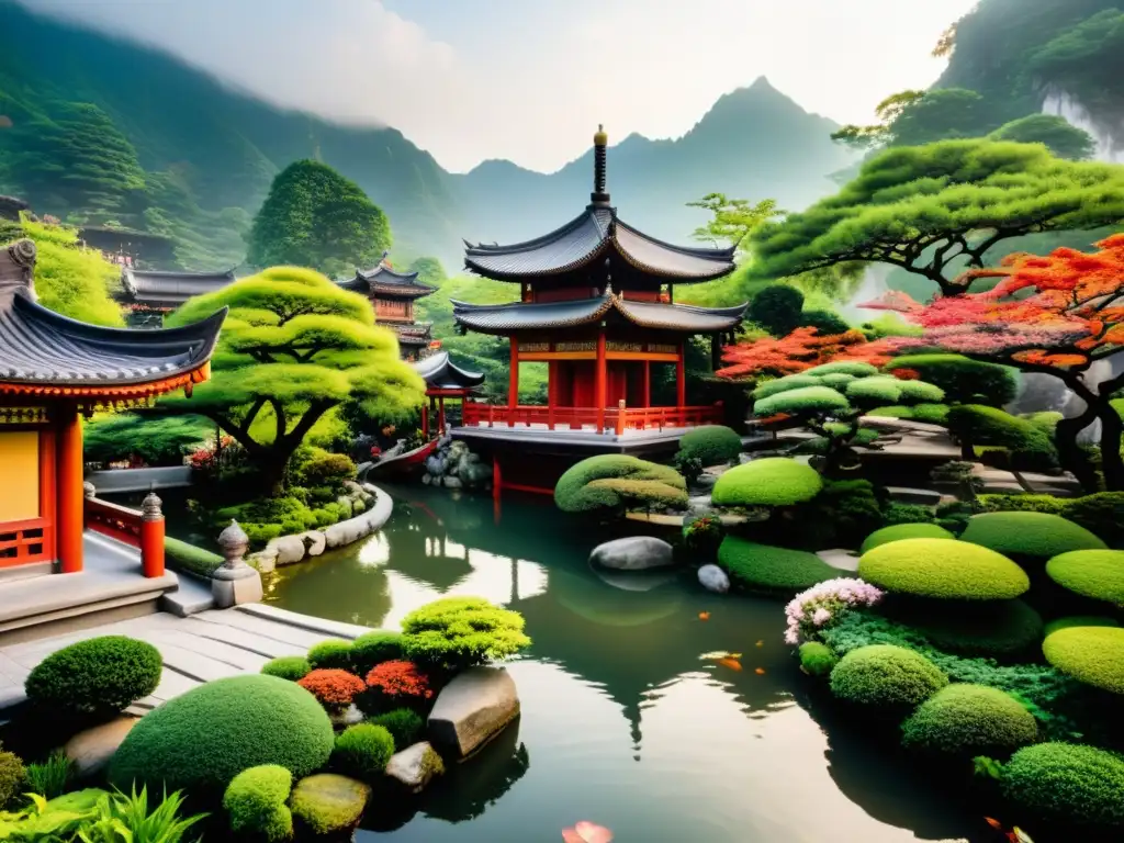 Un jardín taoísta antiguo y exuberante en la niebla de montañas, con pagoda de madera, senderos de piedra y estanques con peces koi